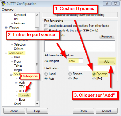 Etape 2 pour créer un proxy socks via SSH, avec Putty sous Windows